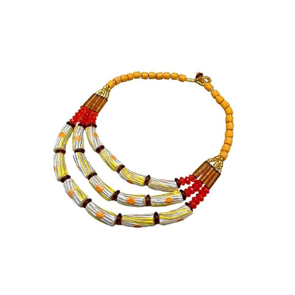 Handcrafted Art Glass Beads Necklace Bib Style Yellow and Orange Beaded Jewelry - Picture 1 of 10